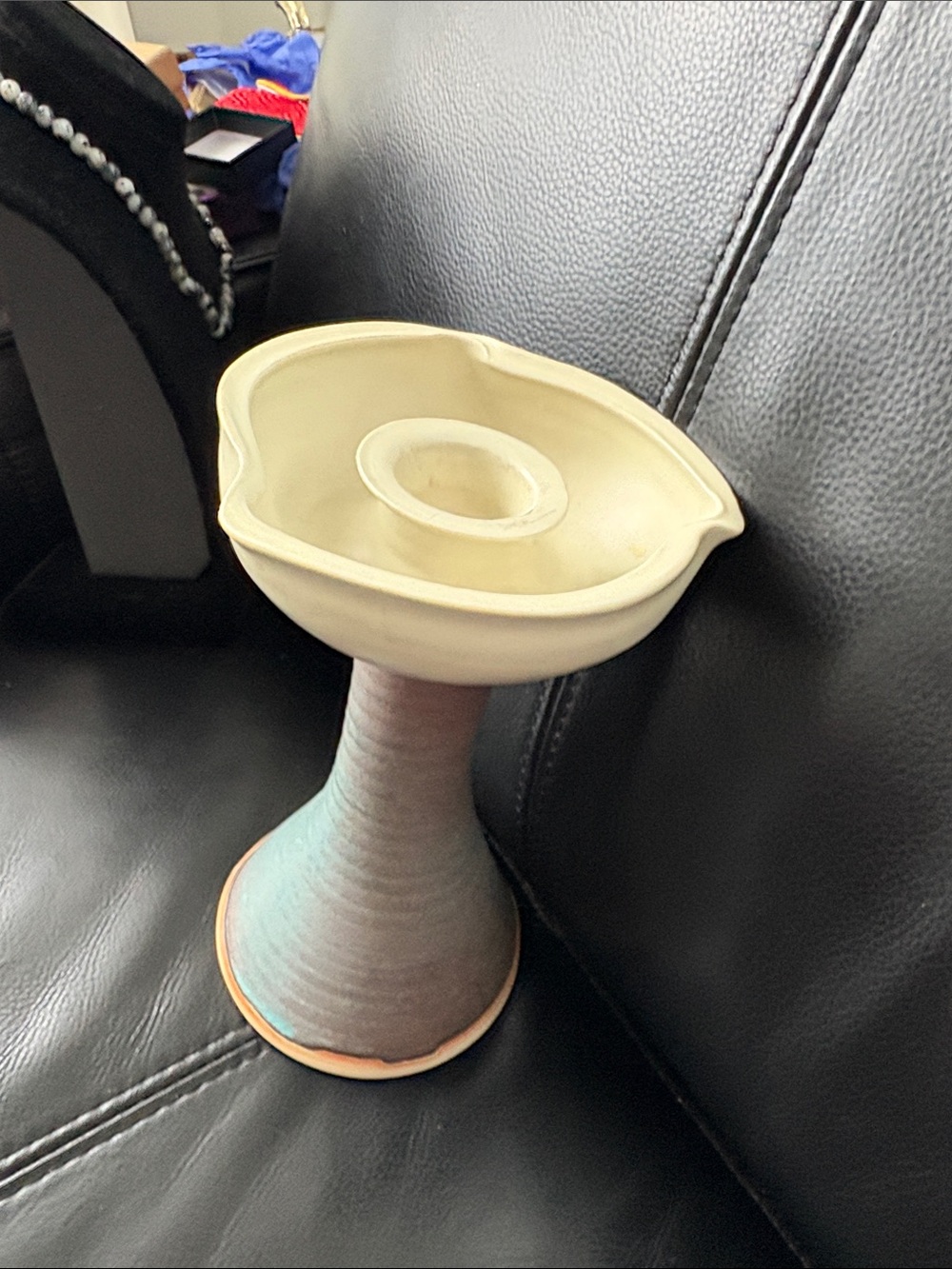Handcrafted Ceramic Candlestick Holder in Cream and Blue-Green